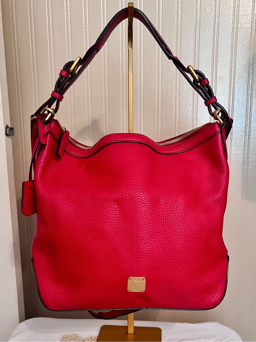 MCM Red Pebbled Leather 2-way Shoulder Bag with Gold Hardware
